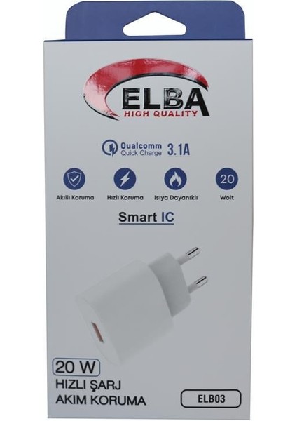ELB03-20USB Beyaz 20W USB Şarj Kafa Qc4.0(Akıllı Koruma-Hızlı Şarj-Isıya Dayanıklı)