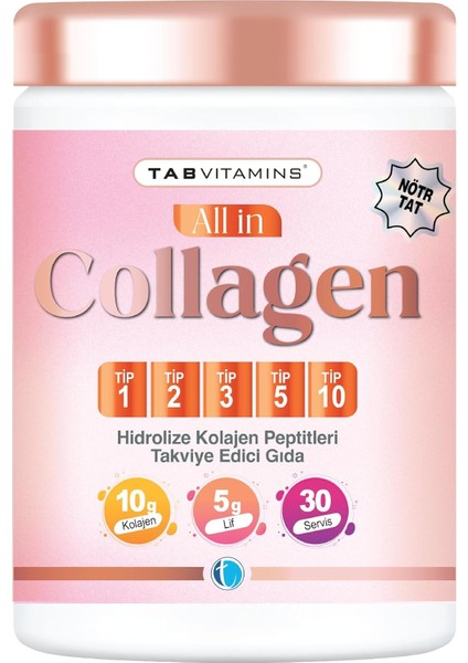 Tabvıtamıns All In Collagen 30 Servis Aromasız Hidrolize Kolajen Peptitleri Tip 1 Tip 2 Tip 3 Tip 5 Tip 10 Akasya Gamı Yumurta Kabuğu Zarı Bromelain Hyaluronik Asit Vitamin C Magnezyum