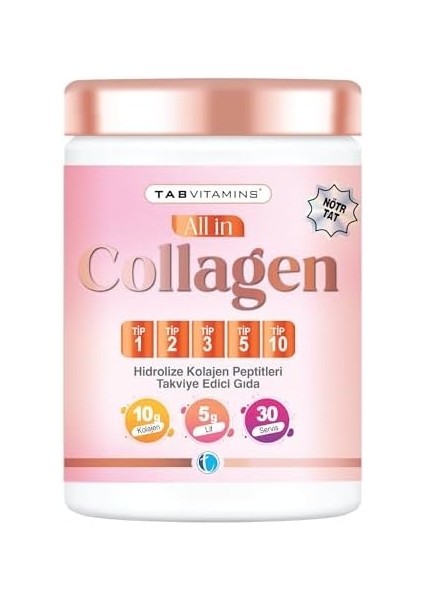 Tabvıtamıns All In Collagen 30 Servis Aromasız Hidrolize Kolajen Peptitleri Tip 1 Tip 2 Tip 3 Tip 5 Tip 10 Akasya Gamı Yumurta Kabuğu Zarı Bromelain Hyaluronik Asit Vitamin C Magnezyum fiyatları