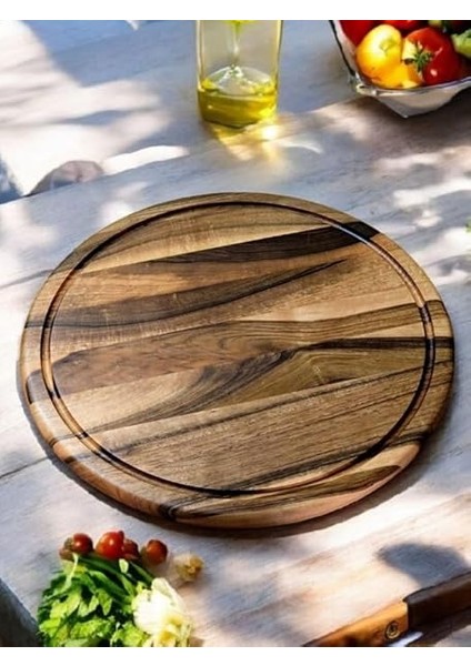 Woodart Ceviz Ağacı 34 cm Oluklu Yuvarlak Rustik Doğal Ahşap Kanallı Pizza Sunum Doğrama Kesme Tahtası modelleri