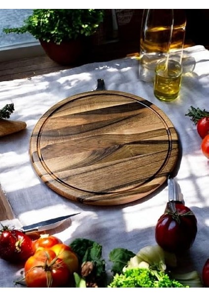 Woodart Ceviz Ağacı 34 cm Oluklu Yuvarlak Rustik Doğal Ahşap Kanallı Pizza Sunum Doğrama Kesme Tahtası indirimleri