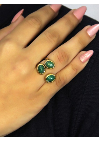 Doğal Taş Yeşil Akik Üçlü Doğal Taşlı Antik Model Kadın Ayarlanabillir Yüzük EUY76YA