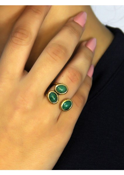 Doğal Taş Yeşil Akik Üçlü Doğal Taşlı Antik Model Kadın Ayarlanabillir Yüzük EUY76YA fiyatları