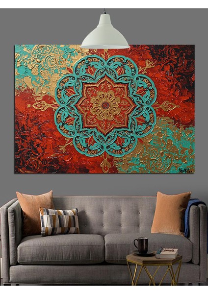 Kırmızı Yuvarlak Mandala Desen Dekoratif Kanvas - Mdf Ahşap Tablo