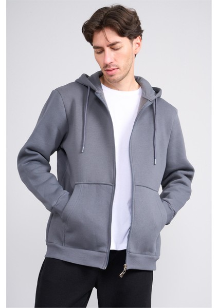 Çetinkaya Mentality 3034 Erkek 3 Iplik Kapüşonlu Fermuarlı Sweatshirt Koyu Gri