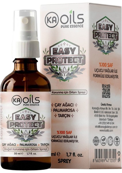 KAOils Easy Protect Doğal Ortam Spreyi – Akar, Mikrop ve Bakterilere Karşı%100 Doğal Koruma | Tarçın, Palmarosa, Çay Ağacı | 50 ml