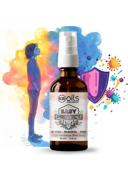 KAOils Easy Protect Doğal Ortam Spreyi – Akar, Mikrop ve Bakterilere Karşı%100 Doğal Koruma | Tarçın, Palmarosa, Çay Ağacı | 50 ml modelleri