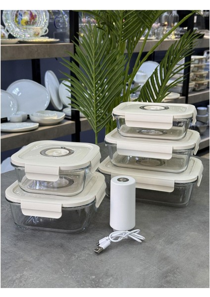 Vakumlu Cam 5 Parça Saklama Kabı+ Vakum Cihazı