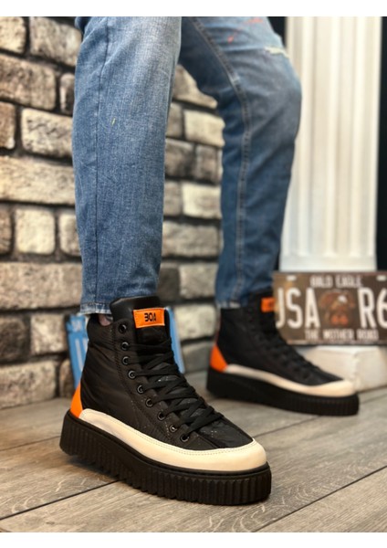 Bağcıklı Paraşüt Kumaş Turuncu Detaylı Erkek Spor Bot Siyah (Siyah Taban)