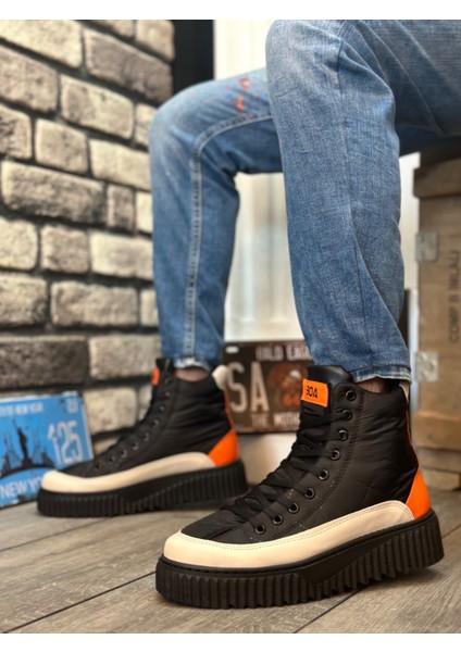 Bağcıklı Paraşüt Kumaş Turuncu Detaylı Erkek Spor Bot Siyah (Siyah Taban) fiyatları