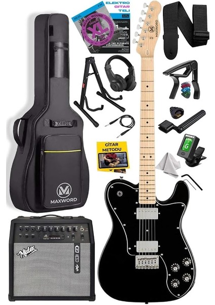 TLX-60BK-50AMP Telecaster Maple Klavye Hh 50W Amfili Elektro Gitar Seti