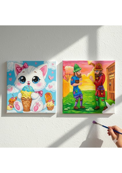 Okul Etkinliği-2'li Tuval Boyama Seti. 20X20 cm Uv Baskı 6 Akrilik Boya 1 FIRÇA-MODEL-360