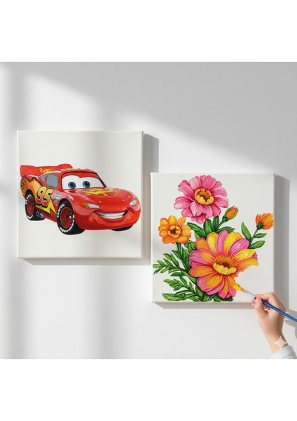 Okul Etkinliği-2'li Tuval Boyama Seti. 20X20 cm Uv Baskı 6 Akrilik Boya 1 FIRÇA-MODEL-318