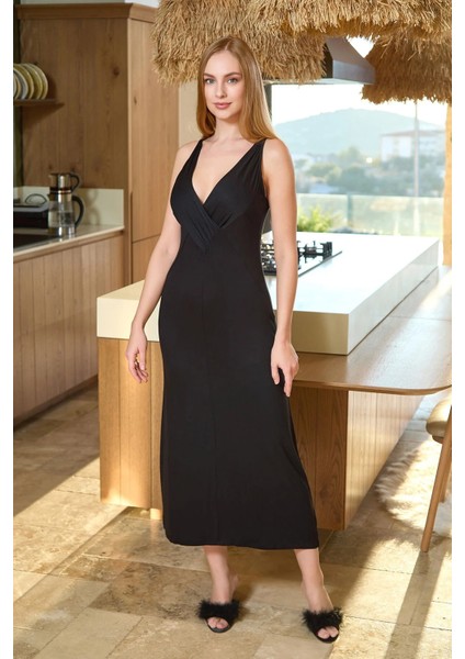 Kruvaze Yaka Uzun Gecelik