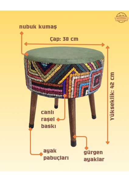 Puf Koltuk Tabure - Etna Gökkuşağı Yeşil - Ahşap Gürgen Ayaklı fiyatları