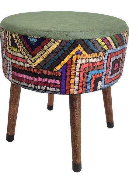 Puf Koltuk Tabure - Etna Gökkuşağı Yeşil - Ahşap Gürgen Ayaklı