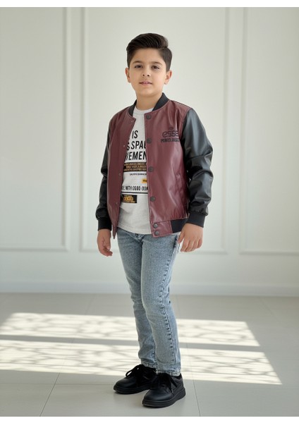 Erkek Çocuk Deri Ceket Tişört Pantolon Alt Üst Takım Bayramlık 3'lü