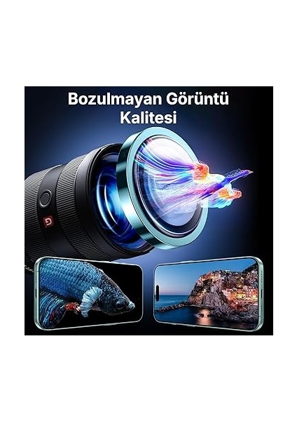 iPhone 16 ve 16 Plus ile Uyumlu Alüminyum Alaşım Çerçeveli ve 9h Sertliğinde Temperli Camlı Lens Koruyucu (Yeşil, Sapphire Glass) fırsatları