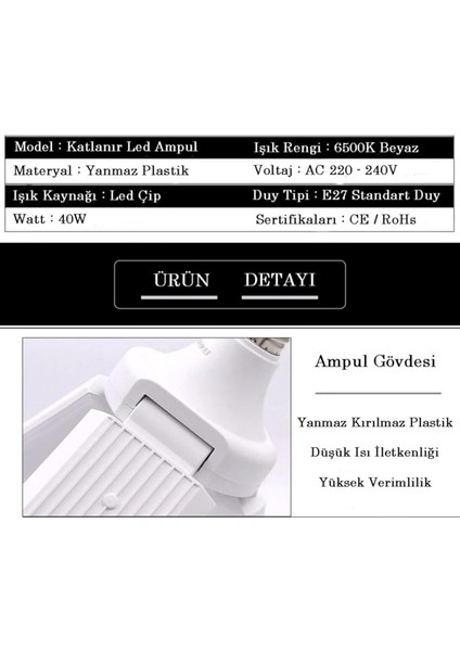 Geldi Pervane LED Ampul 3 Kollu Katlanabilir 40W 6500K Beyaz Işık Yaprak LED Ampul modelleri