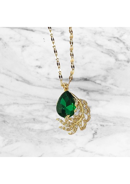 Yeşil Damla Taşlı Yaprak Zirkon Çelik Kolye