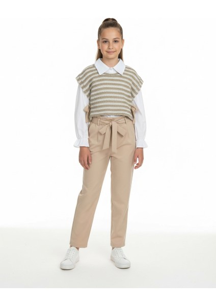 Kız Çocuk Kolları Fırfırlı Yakalı Gömlek Triko Süveter Pantolon 3'lü Alt Üst Takım