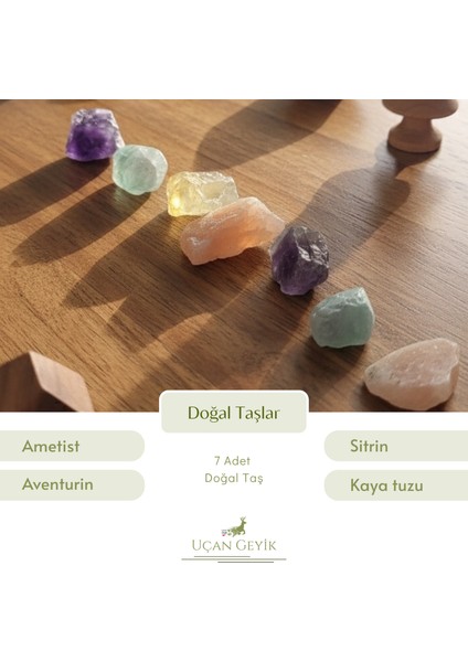 Doğal Taş Şifa Seti – Ametist, Aventurin, Sitrin ve Kaya Tuzu Enerji Kristalleri, Ruhsal Denge ve Arınma Taşları