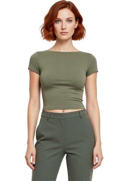 Kadın Fitted Esnek Örme Bisiklet Yaka Crop Bluz Kaliteli Şık Rahat Modern Zarif Günlük fiyatları