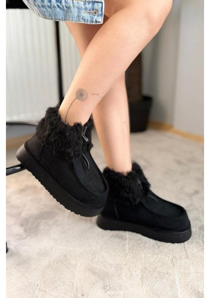 Kadın Impera Siyah Süet Kürklü Fermuarlı 4 cm Kalın Tabanlı Kısa Bot fırsatları