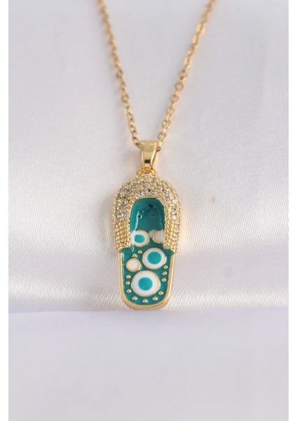 Bfs 316L Çelik Zincir Zirkon Taşlı Altın Renk Nazarlı Terlik Tasarımlı Kolye