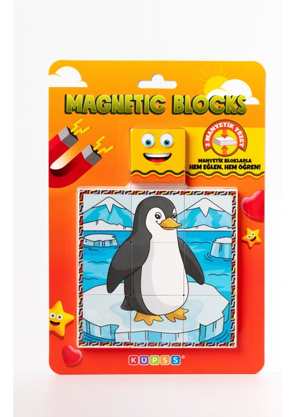 Manyetik Blok Çift Taraflı 9 Parçalı Mıknatıslı Penguen - Köpek Balığı Puzzle - 2 Görsel Yapboz