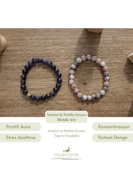 8mm Pembe Kuvars & Ametist Doğal Taş Bileklik Seti - Şifa Enerjisi