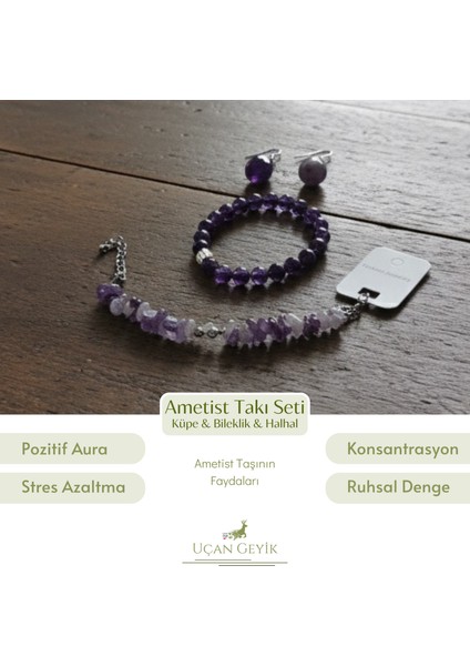 Ametist Küpe Bileklik Halhal Seti - Doğal Taş Mor Takı Koleksiyonu