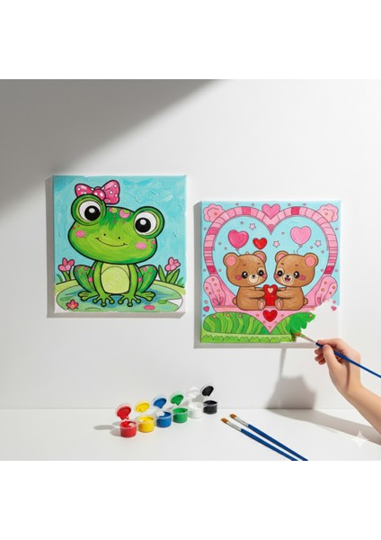 Okul Etkinliği-2'li Tuval Boyama Seti. 20X20 cm Uv Baskı 6 Akrilik Boya 1 FIRÇA-MODEL-211