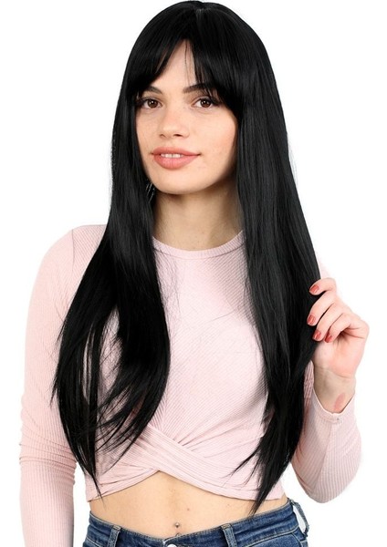 Fiber Sentetik Uzun Düz Kahküllü Peruk / Siyah fiyatları