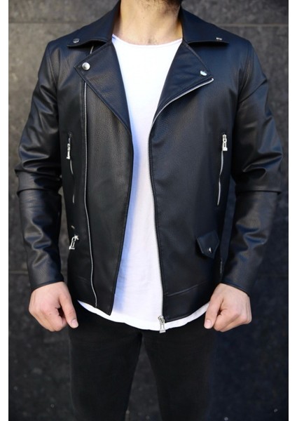Erkek Siyah Biker Deri Ceket Slim Fit Suni Deri Modern Tasarım modelleri