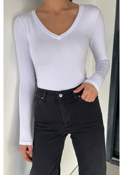 V Yaka Uzun Kol Kadın Body Bluz P-00018942