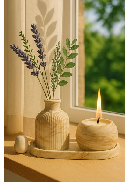 El Yapımı Mermer Desenli Beton Dekor Seti – Vazo, Mumluk ve Oval Tepsi (3 Parça)