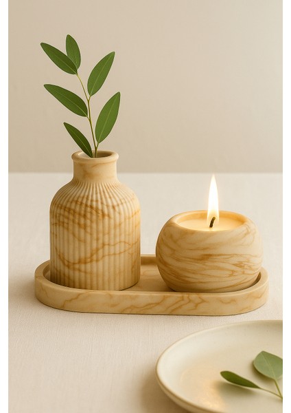 El Yapımı Mermer Desenli Beton Dekor Seti – Vazo, Mumluk ve Oval Tepsi (3 Parça)