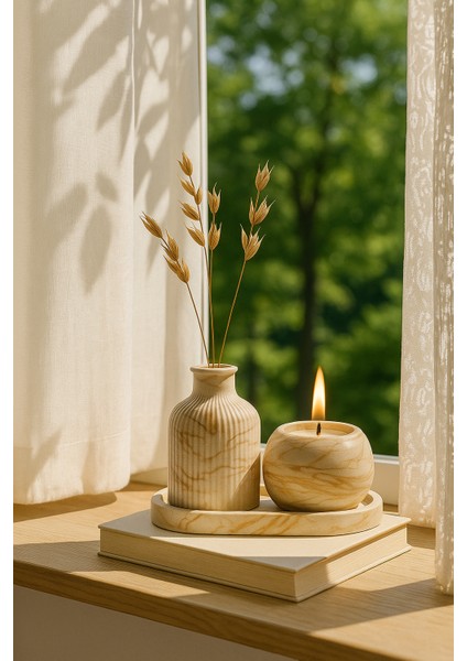 El Yapımı Mermer Desenli Beton Dekor Seti – Vazo, Mumluk ve Oval Tepsi (3 Parça)