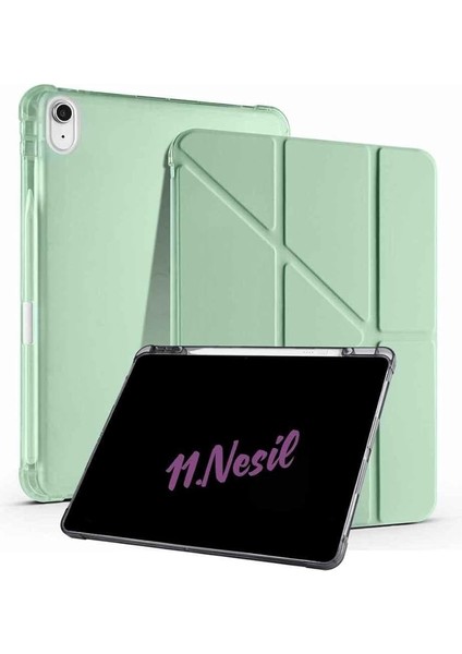iPad 11. Nesil Ile Uyumlu A16 2025 11 Inç Kalem Bölmeli Standlı Tri Folding Tablet Kılıfı Açık Yeşil