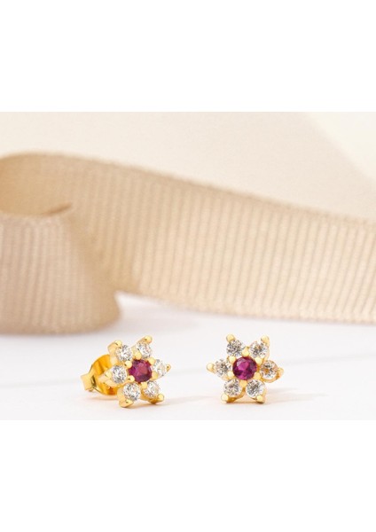 925 Ayar Sarı Altın Kaplama Kırmızı Zirkon Taşlı Yıldız Gümüş Küpe
