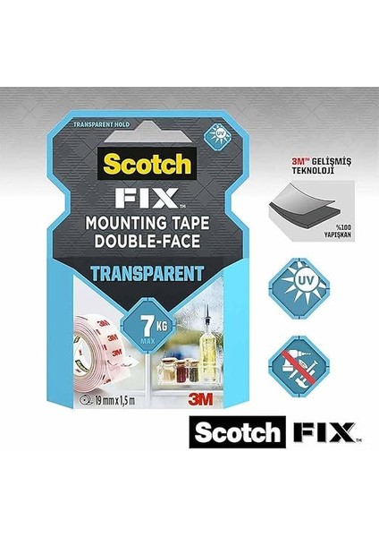 Scotch Şeffaf Montaj Bandı 19MM x 1,5m, 2x modelleri