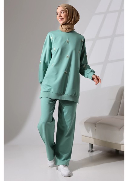 Kadın Mint Yeşili Mevsimlik Penye Alt Üst Spor ve Rahat Ikili Tunik Pantolon Şık Tesettür Takım