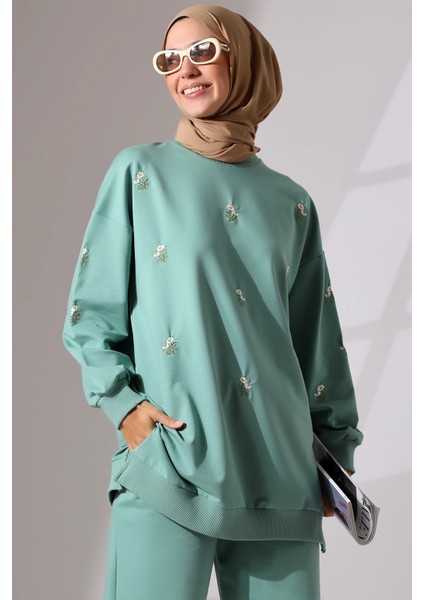 Kadın Mint Yeşili Mevsimlik Penye Alt Üst Spor ve Rahat Ikili Tunik Pantolon Şık Tesettür Takım modelleri
