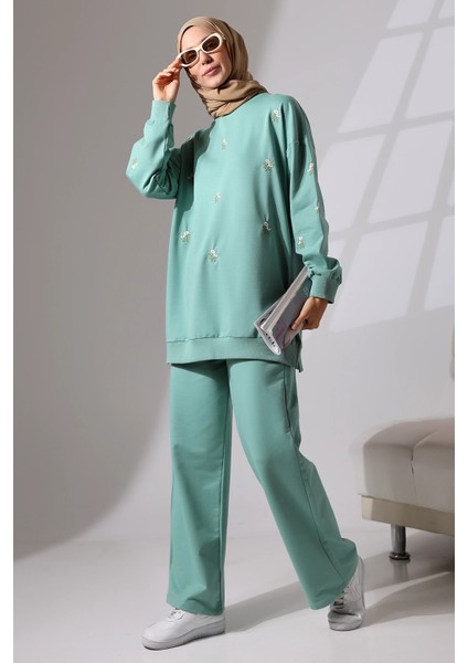 Kadın Mint Yeşili Mevsimlik Penye Alt Üst Spor ve Rahat Ikili Tunik Pantolon Şık Tesettür Takım fırsatları