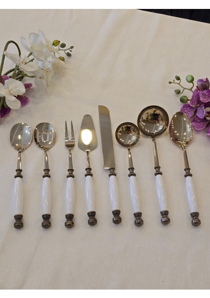 8 Parça Porselen Servis Kaşık Seti Antik Titanyum