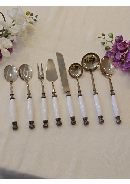 8 Parça Porselen Servis Kaşık Seti Antik Titanyum fiyatları