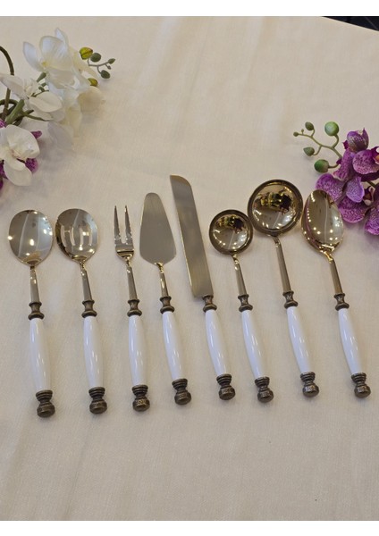 8 Parça Porselen Servis Kaşık Seti Antik Titanyum modelleri