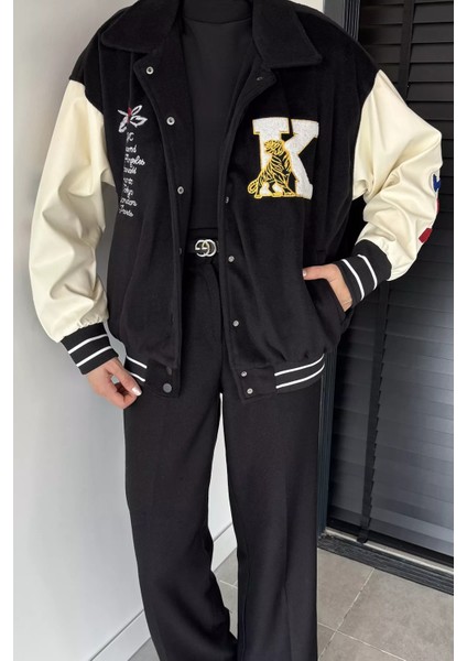 Kadın Deri Garnili Ön Çıtçıtlı Çıkartma Baskılı Ceket P-00018888