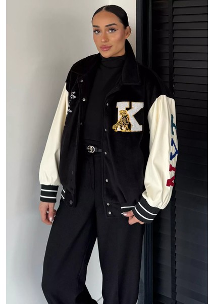 Kadın Deri Garnili Ön Çıtçıtlı Çıkartma Baskılı Ceket P-00018888 fiyatları